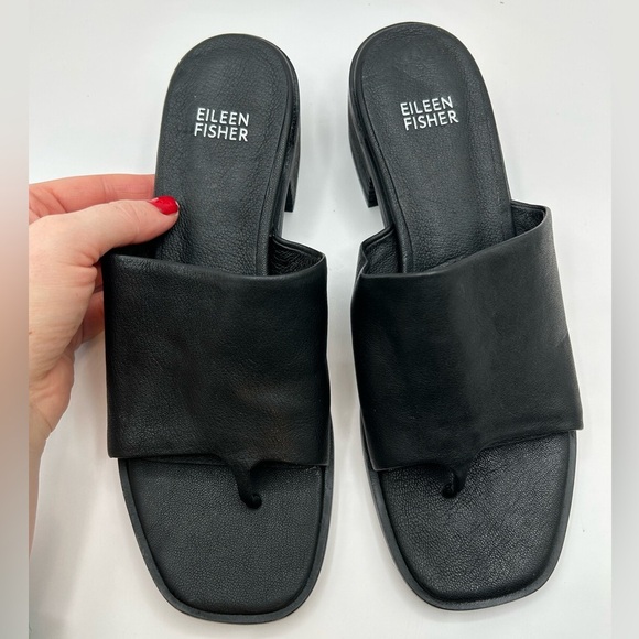 NEW EILEEN FISHER Airy Leather Slide, slip on Thong 
stacked Heel black SZ 7.5 - Picture 8 of 11